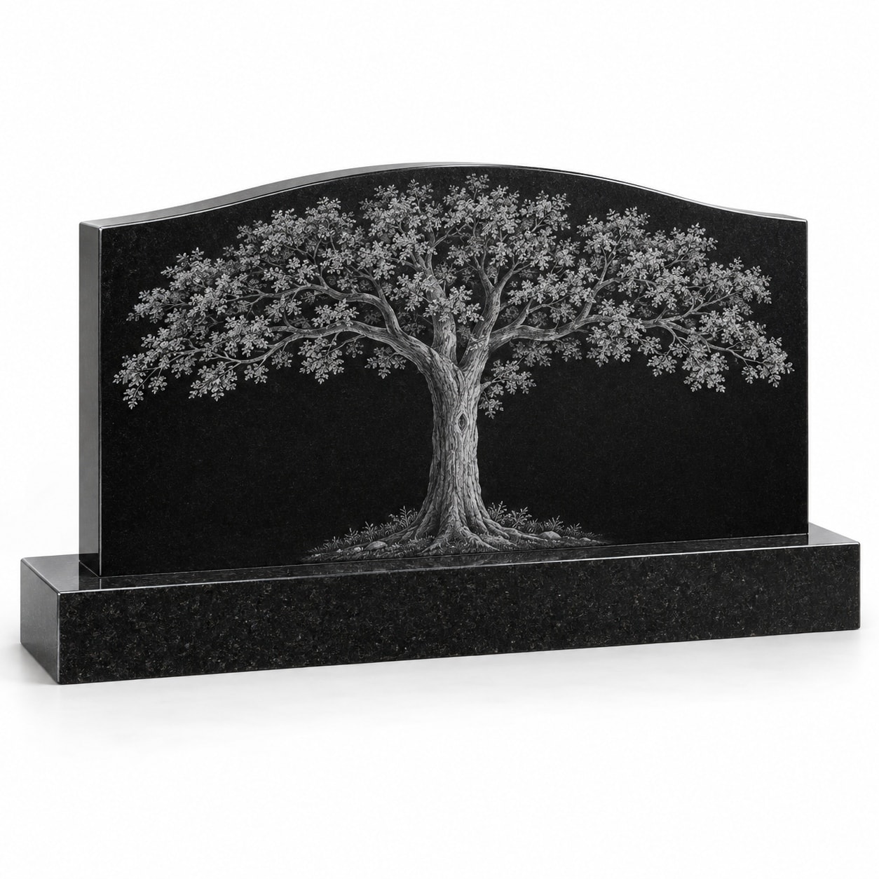 Black granite companion memorial with etched oak tree