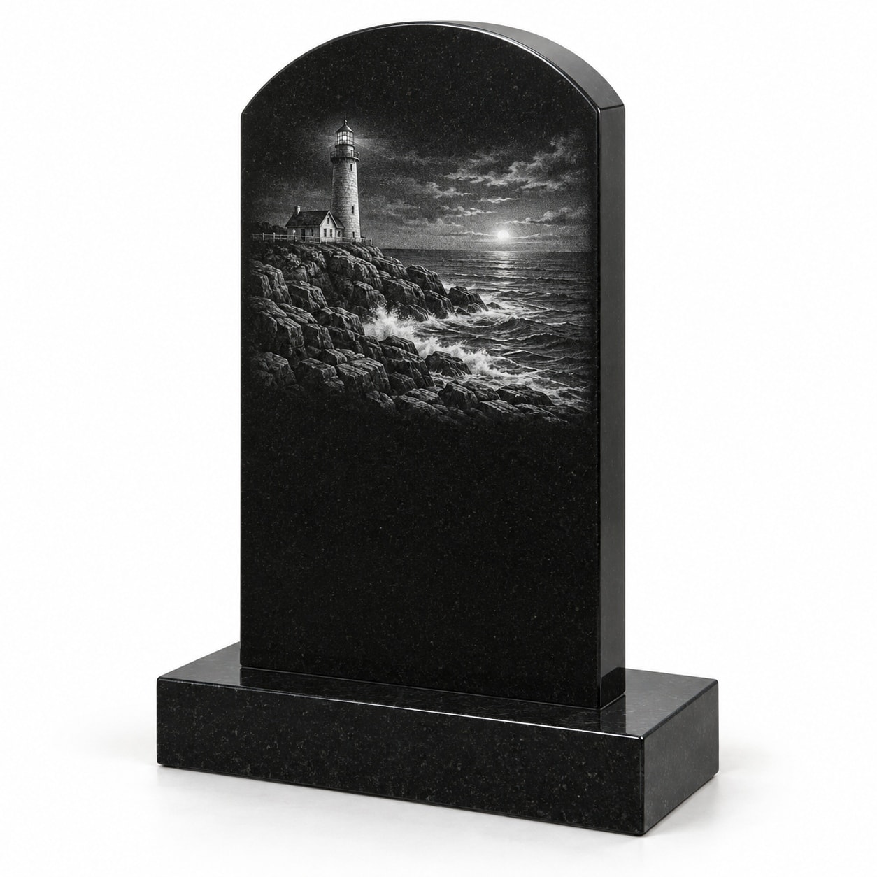 Black granite arched memorial with etched lighthouse scene