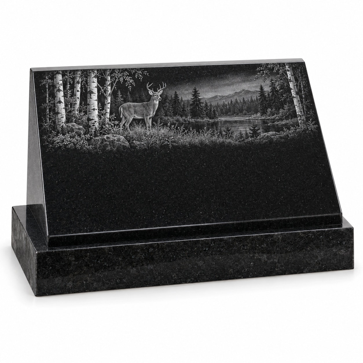 Black granite slant memorial with etched deer woodland scene