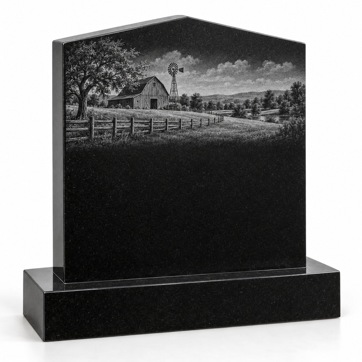 Black granite peaked memorial with etched farm scene