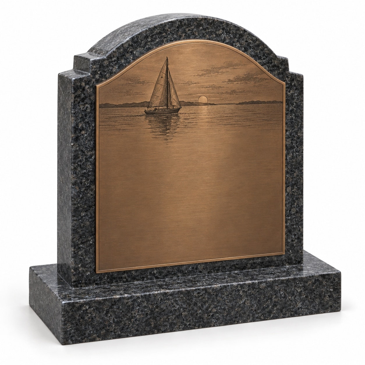 Bronze plaque on blue pearl granite shouldered upright — sailboat at sunset