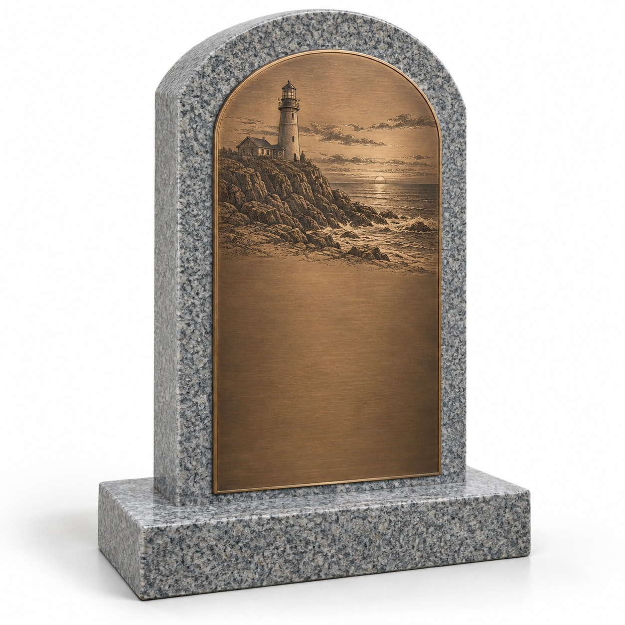 Bronze plaque on gray granite arched upright — lighthouse at sunset